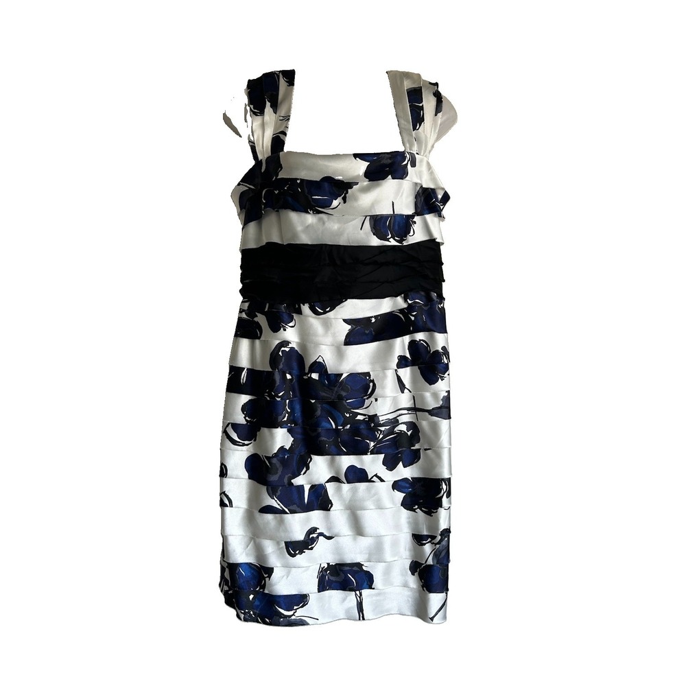Blue Satin Floral Tiered Pleated Cocktail Sheath Dressy Womens Dress Size 12P